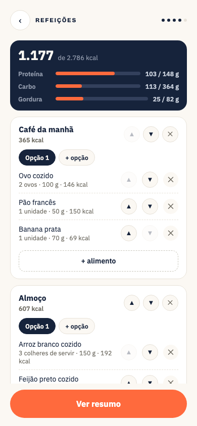 Tela do Calculê montando as refeições do dia