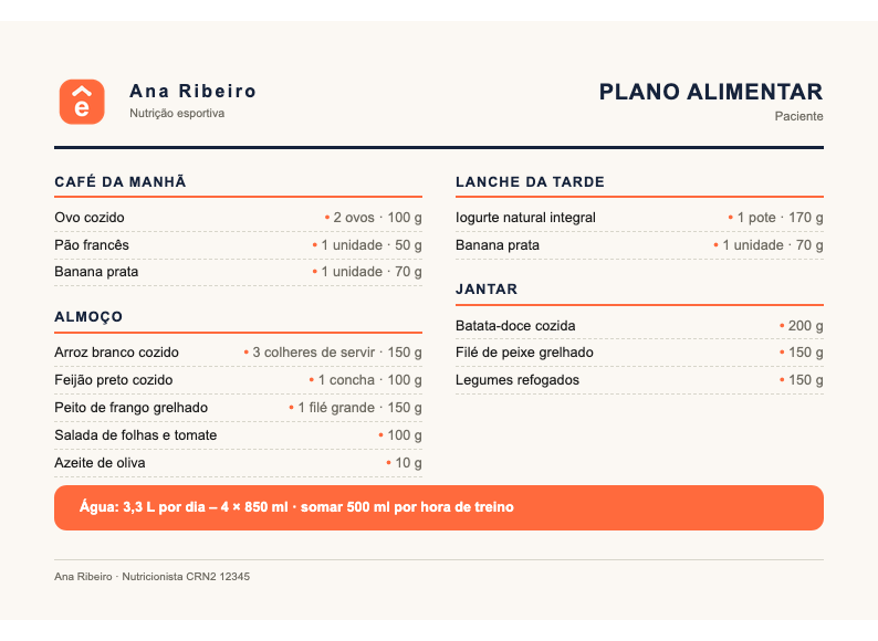 Plano alimentar em PDF gerado pelo Calculê, com marca do nutricionista