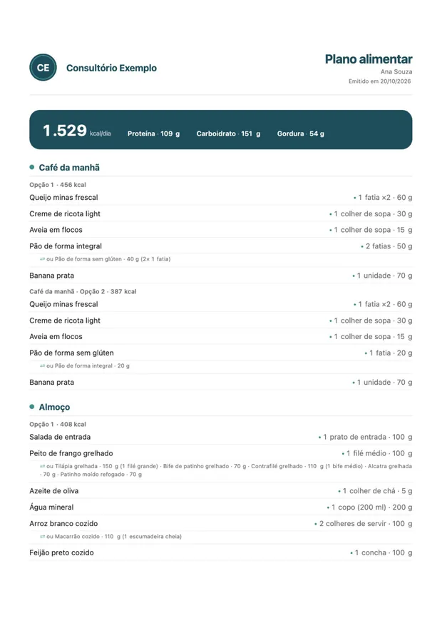 Abrir a primeira página do plano alimentar em PDF de uma paciente fictícia, com a marca de um consultório de exemplo