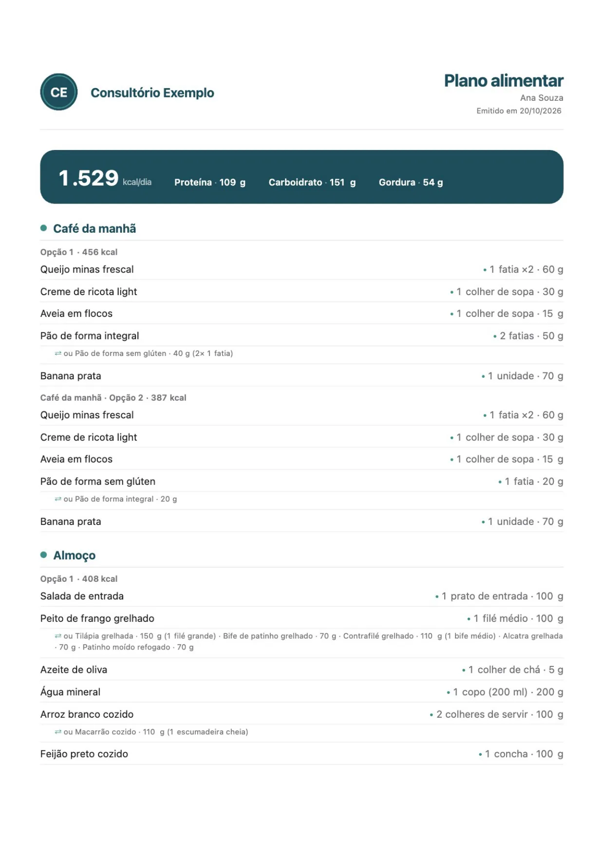 Primeira página do plano alimentar em PDF de uma paciente fictícia, com a marca de um consultório de exemplo