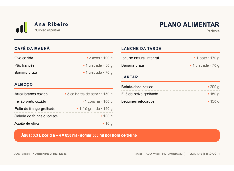 Plano alimentar em PDF gerado pelo Calculê, com marca do nutricionista