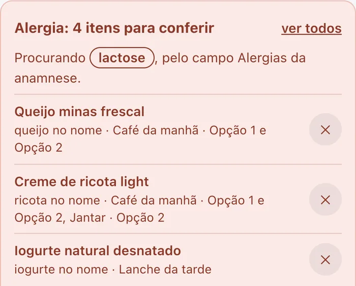 Aviso de alergia no plano: lactose, procurada pelo campo de alergias da anamnese, e itens marcados para conferir