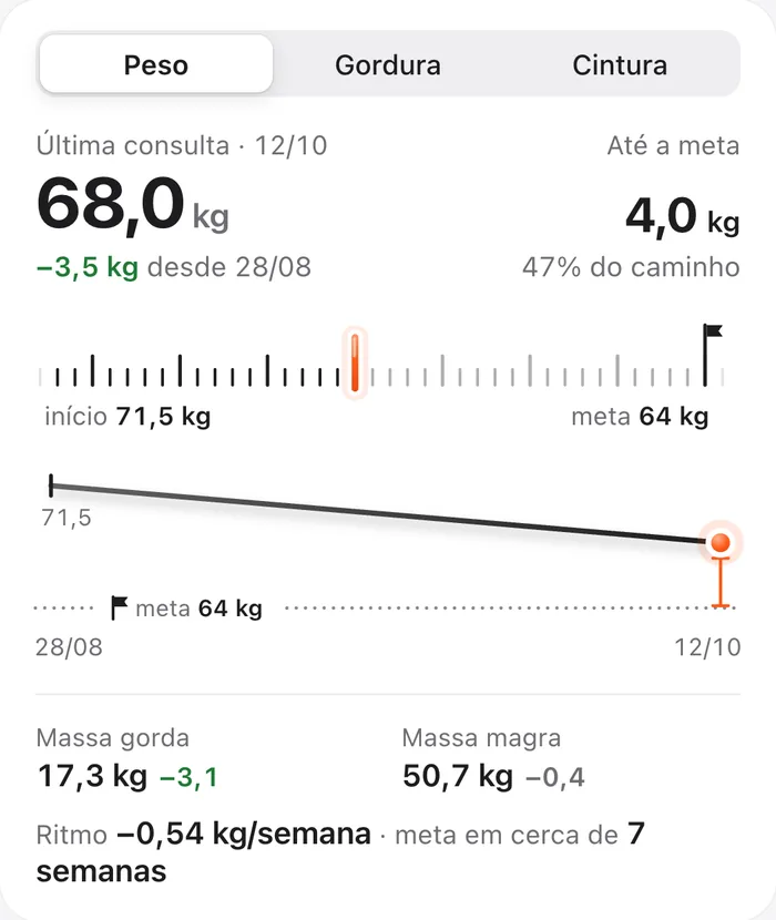 Caminho até a meta de uma paciente fictícia: 68 kg na última consulta, meta de 64 kg e 47% do caminho