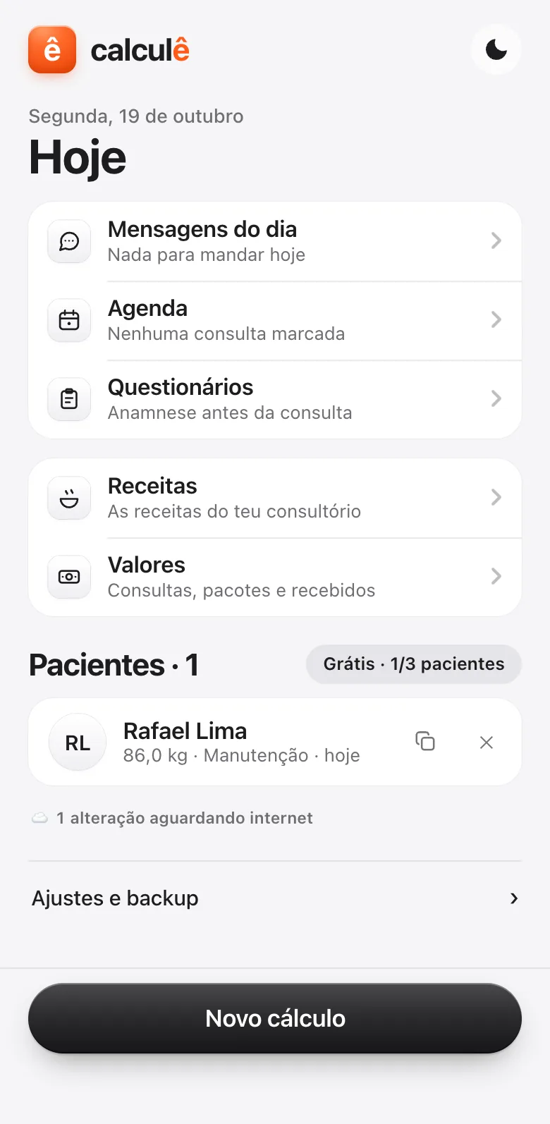 Tela inicial do Calculê aberta sem conexão, com o paciente fictício Rafael Lima na lista e a linha “1 alteração aguardando internet”.