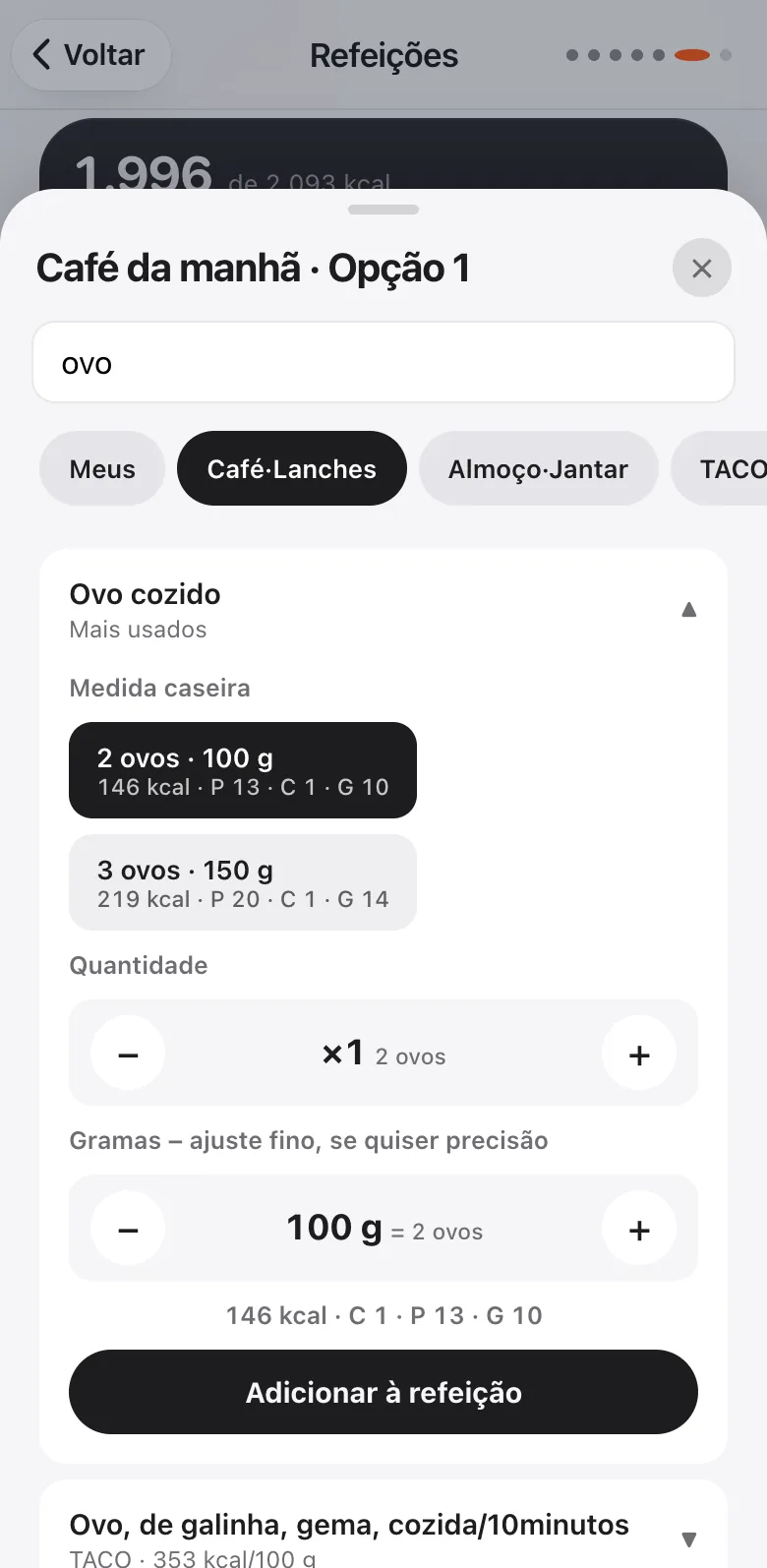 Folha Café da manhã, opção 1, com a busca “ovo” e o Ovo cozido aberto: 2 ovos, 100 g, 146 kcal, e o botão Adicionar à refeição.