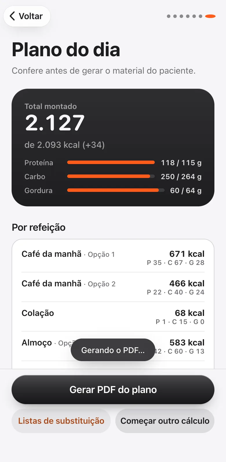 Plano do dia com 2.127 kcal montadas de 2.093, proteína 118 de 115 g, carboidrato 250 de 264 g e gordura 60 de 64 g, e o aviso do app “Gerando o PDF…” acima do botão Gerar PDF do plano.