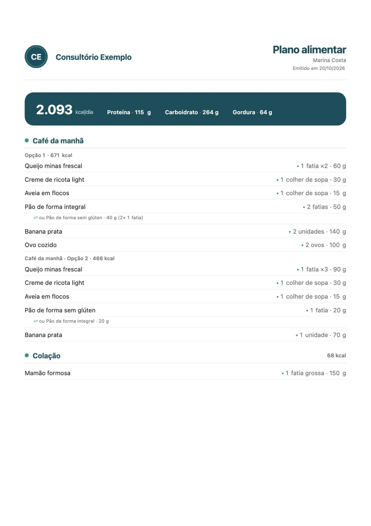Página 1 do PDF do plano alimentar da paciente fictícia Marina Costa, com a marca de um consultório de exemplo, gerado no aparelho sem conexão