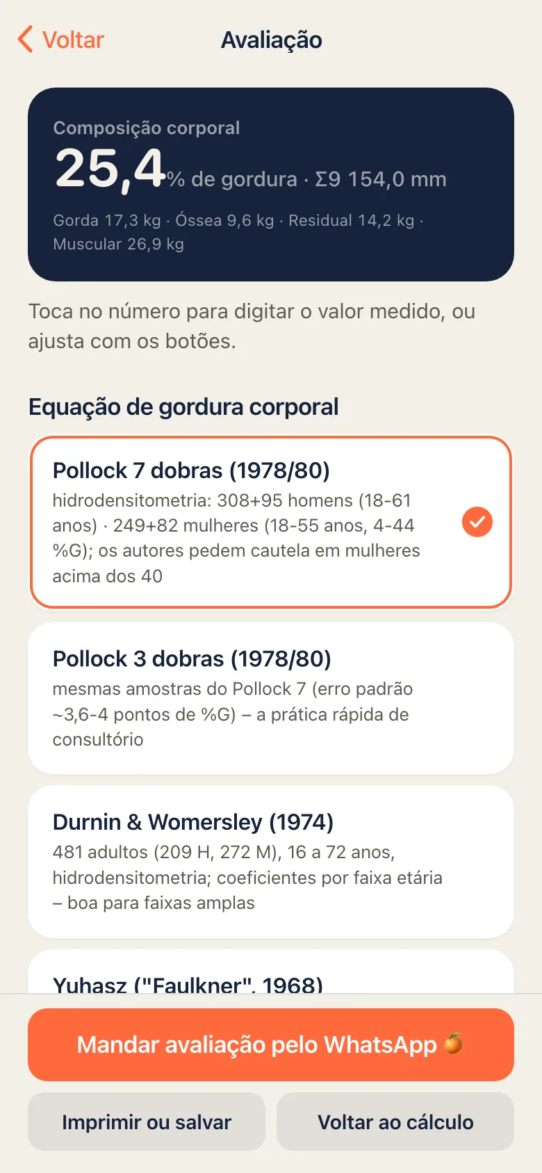 Tela de avaliação física do Calculê, com a composição corporal