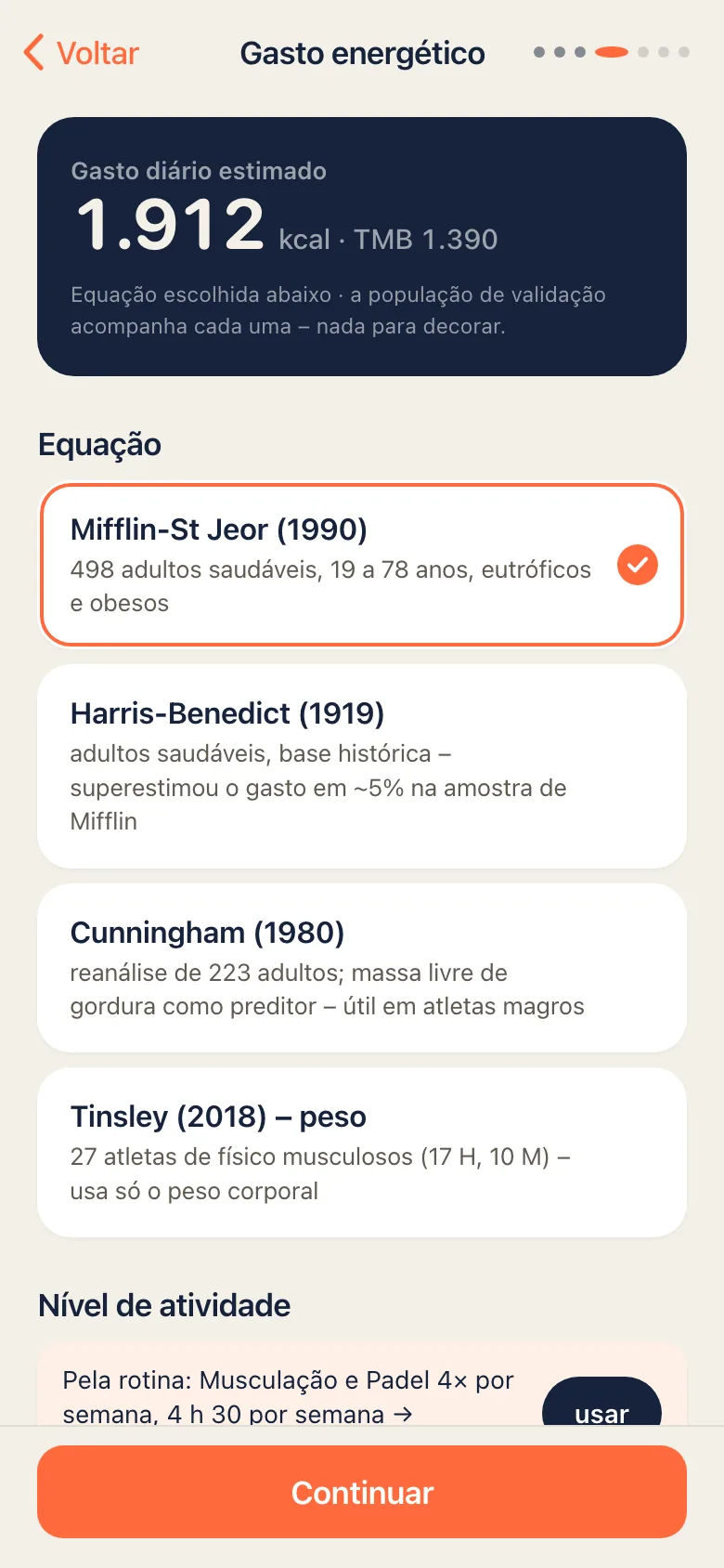Tela de gasto energético do Calculê, com a equação escolhida marcada