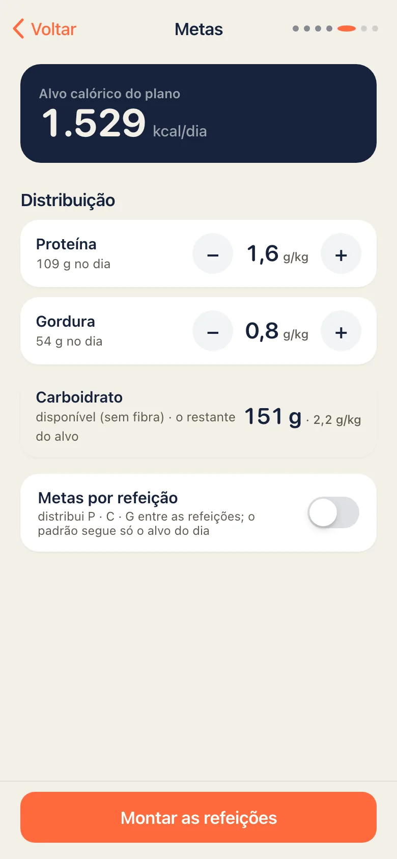 Tela de metas do Calculê, com proteína e gordura em gramas por quilo